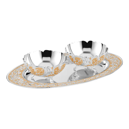 Oval MOP Tray Medium With Set Of 2 Pastel Bowls
