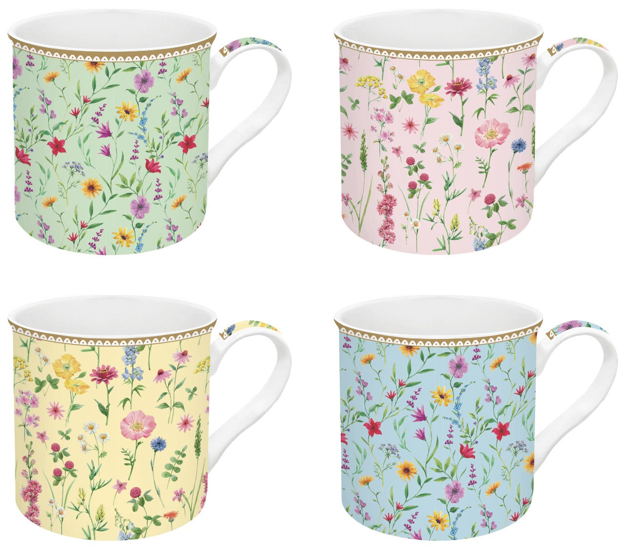 Set 4 high quality fine China mugs 300 ml in gift box MEADOW FLOWERS