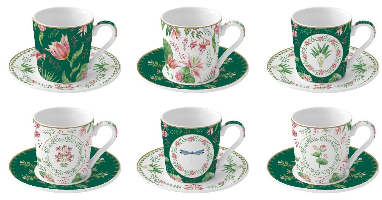 Set 6 coffee cups & saucers in porcelain 100 ml in gift box BOTANIC CHIC