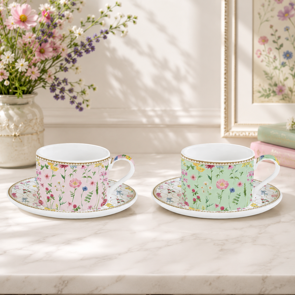 Set OF 2 porcelain cups & saucers  240 ml in gift box MEADOW FLOWERS