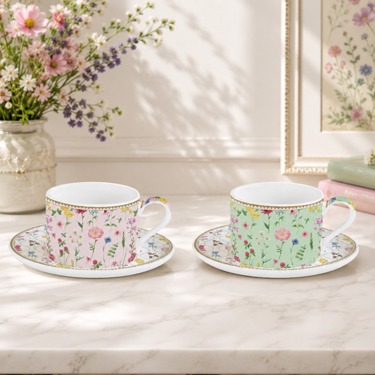 Set OF 2 porcelain cups & saucers  240 ml in gift box MEADOW FLOWERS
