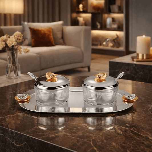 Regal Treasure Oval Tray with Set of 2 Glass Bowl Dual Tone