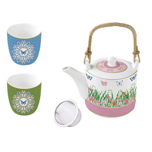 Porcelain Tea Pot 600ml with Metal Infuser and 2 cups 160 ml in Gift-Box SPRING PARADE