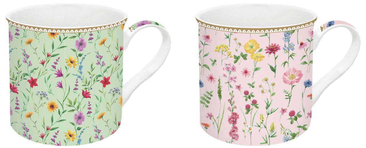 Set 2 high quality fine China mugs 300 ml in gift box  MEADOW FLOWERS