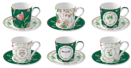 Set 6 coffee cups & saucers in porcelain 100 ml in gift box  BOTANIC CHIC